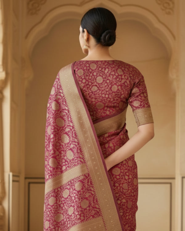 Plum-Mauve With Rich Gold Zari Floral Weave Banarasi Silk Saree