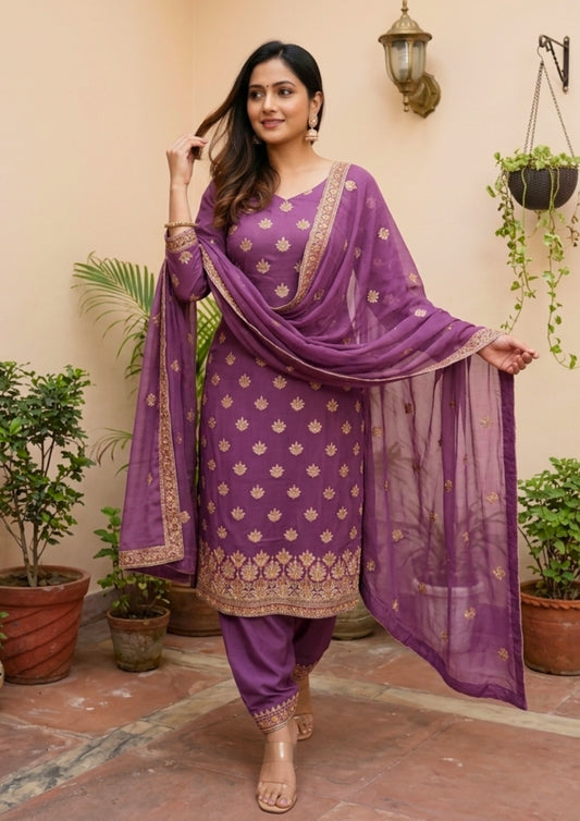 Unstitched Plum Shimmer Silk-Blend Embroidered Suit Material