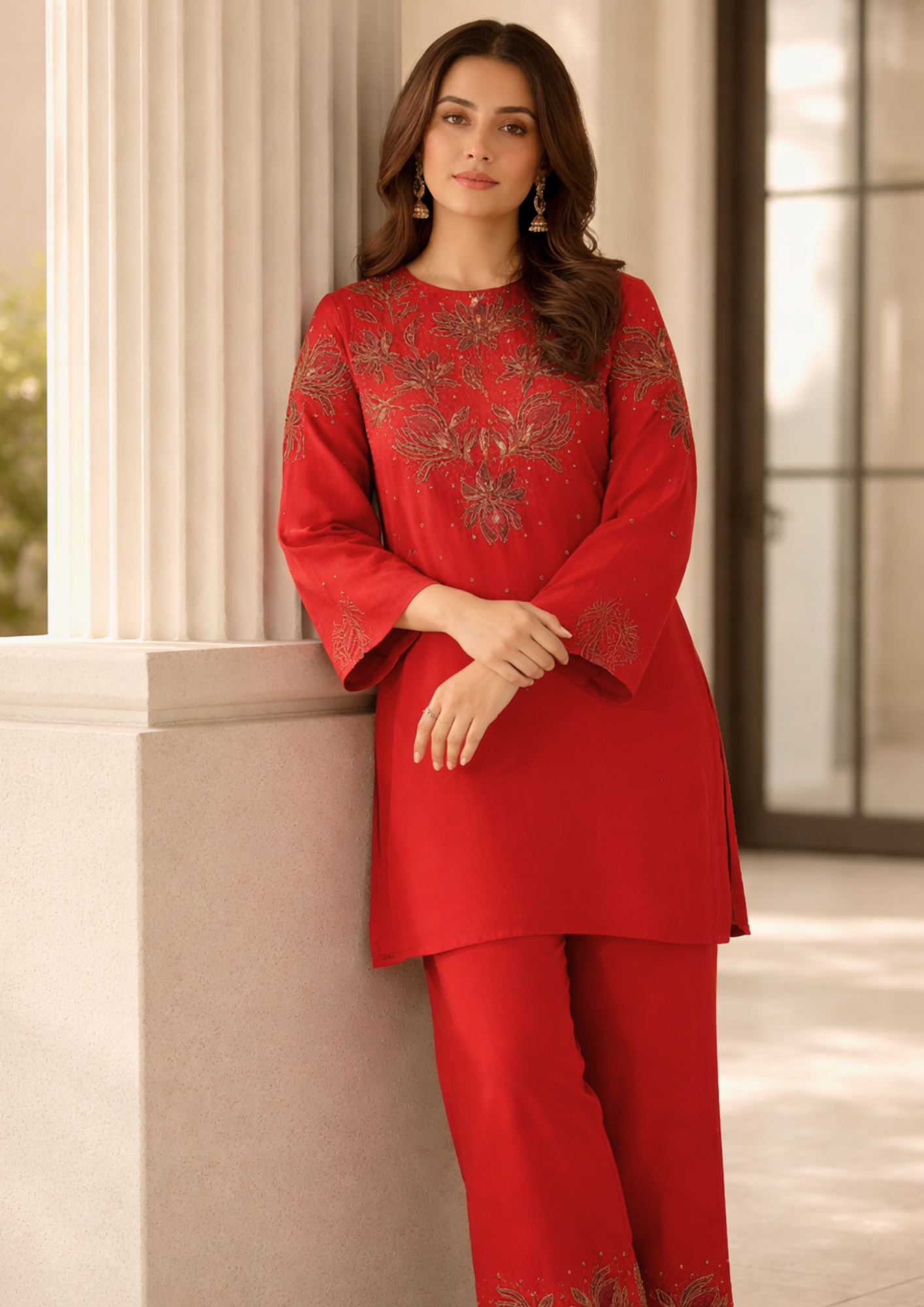Red Cotton Blend Embroidered Short Kurta With Straight Pant