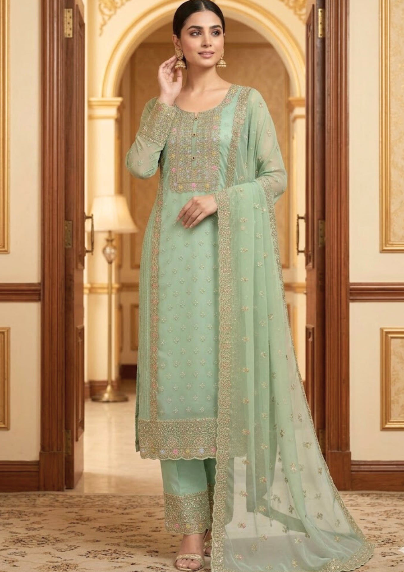 Semi-Stitched Soft Organza In Pastel Aqua With Intricate Multicolour Thread And Sequin Embroidery Suit Material