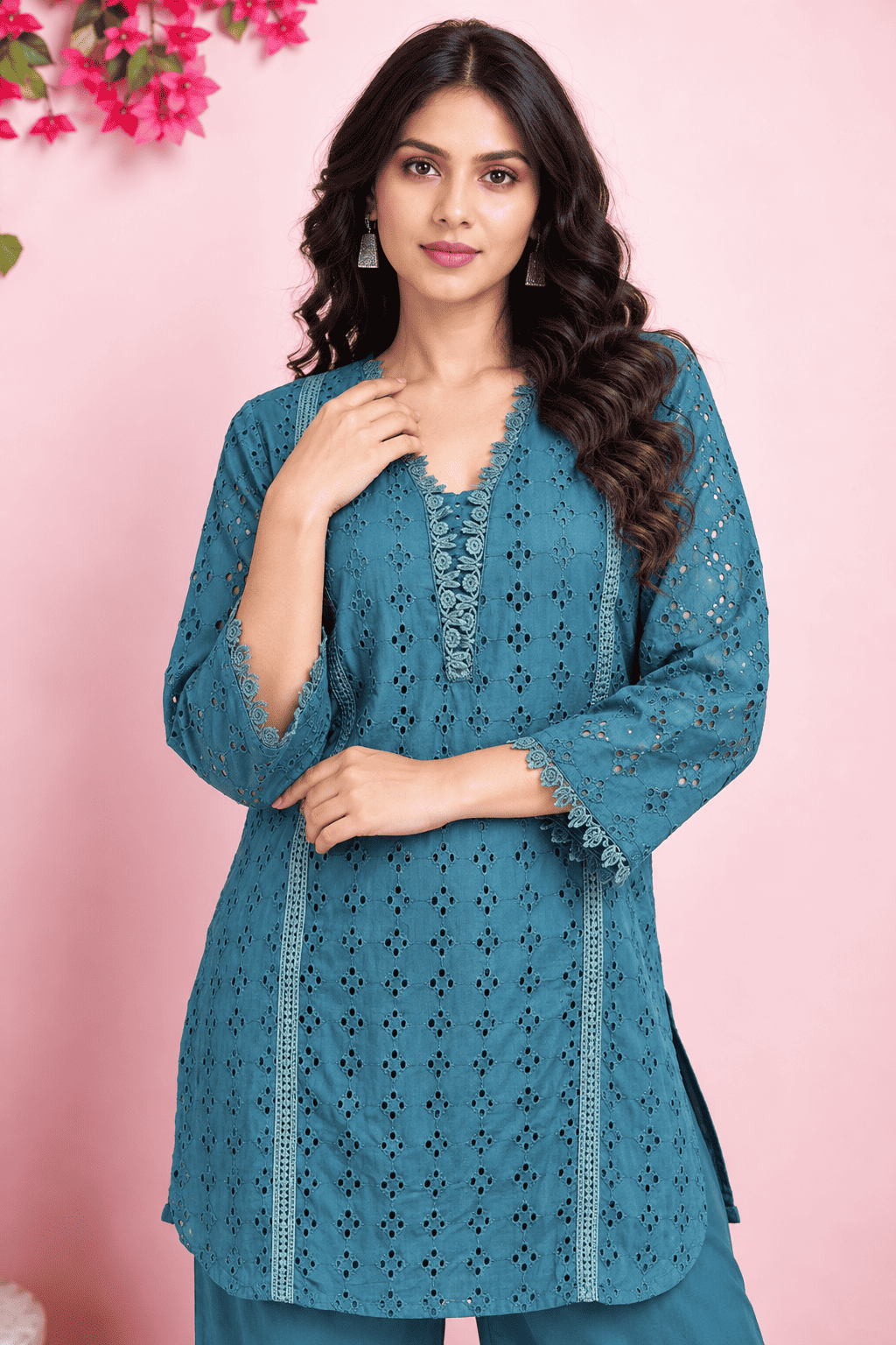 Teal Blue Schiffli Cotton Blend Kurta Pant Set