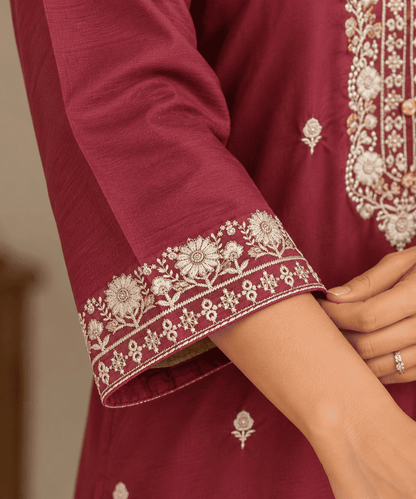 Purple Viscose Roman Silk Embroidered Kurta Pant and Dupatta Set