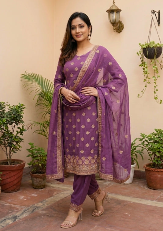 Unstitched Plum Shimmer Silk-Blend Embroidered Suit Material