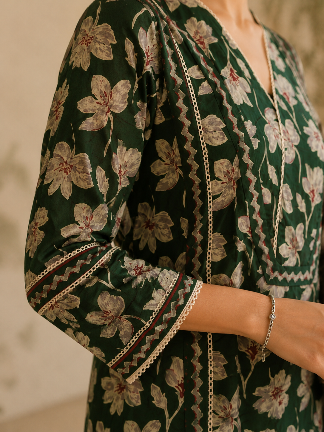 Green Floral Printed Cotton Blend Kurta and Pant with Dupatta