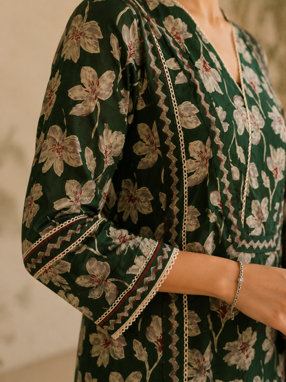 Green Floral Printed Cotton Blend Kurta and Pant with Dupatta