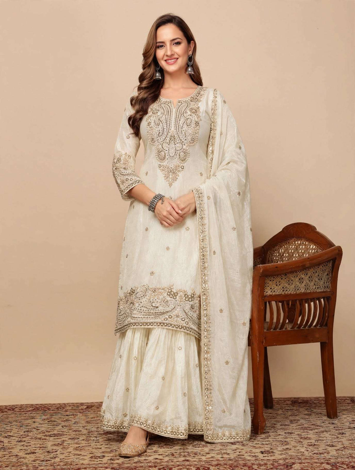 Ivory Embroidered Chinon Kurta Gharara and Dupatta Set