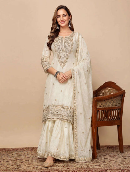 Ivory Embroidered Chinon Kurta Gharara and Dupatta Set