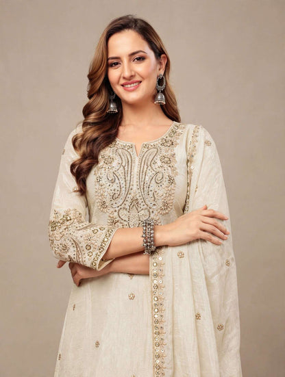 Ivory Embroidered Chinon Kurta Gharara and Dupatta Set