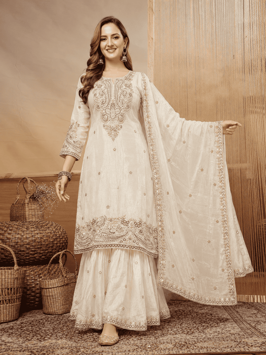 Ivory Embroidered Chinon Kurta Gharara and Dupatta Set