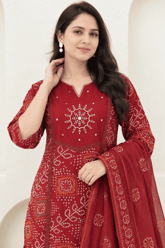 Maroon Printed Cotton Blend Kurta Pant and Dupatta