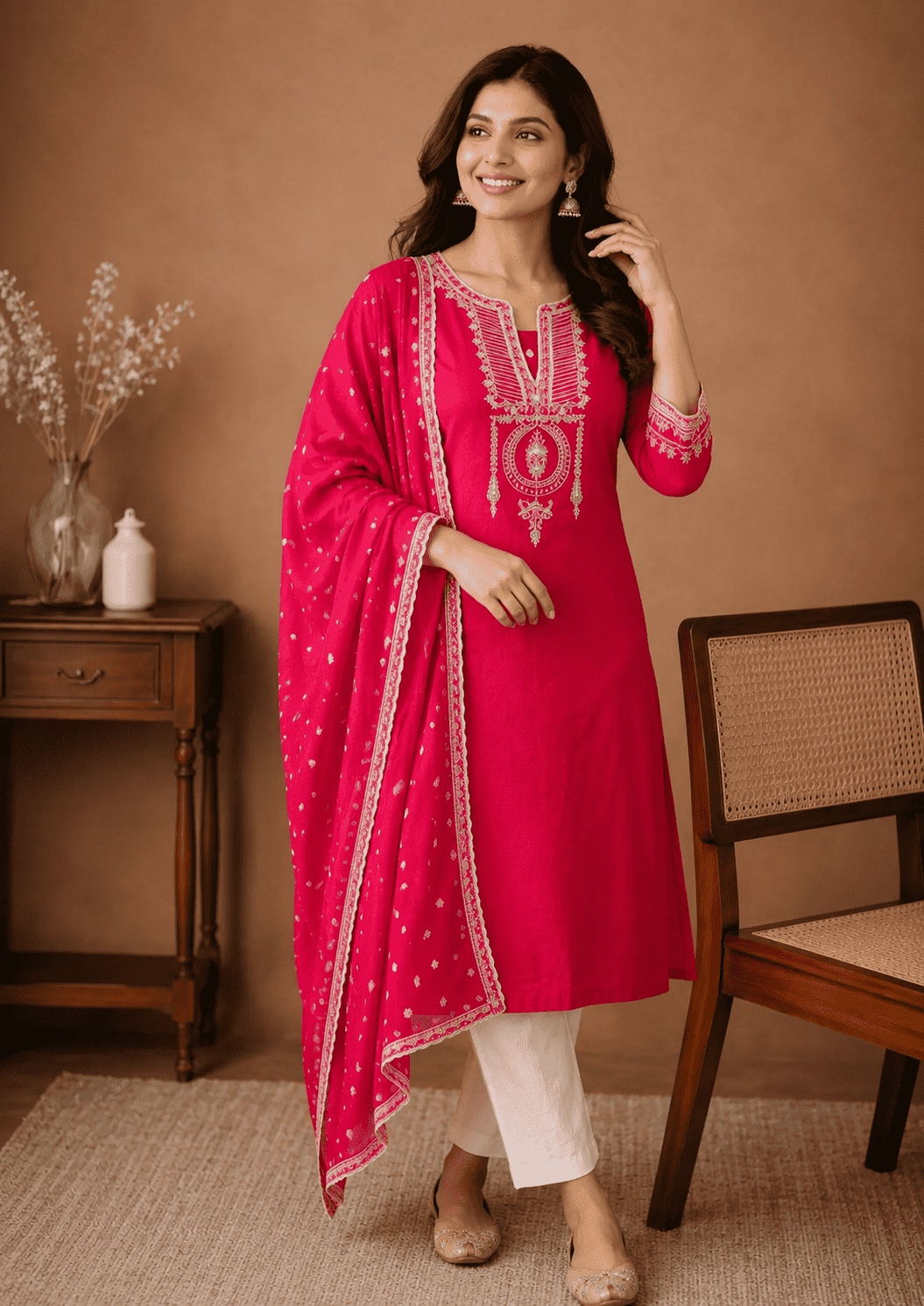 Hot pink cotton  embroidered kurta pant set with dupatta