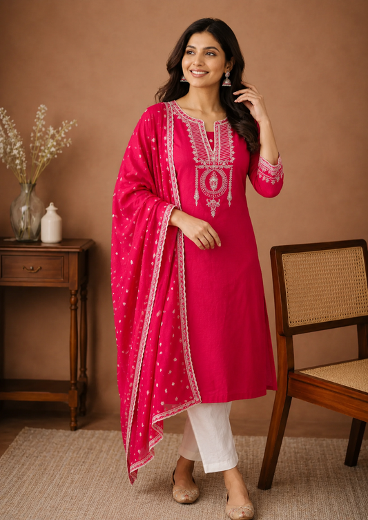 Hot pink cotton  embroidered kurta pant set with dupatta