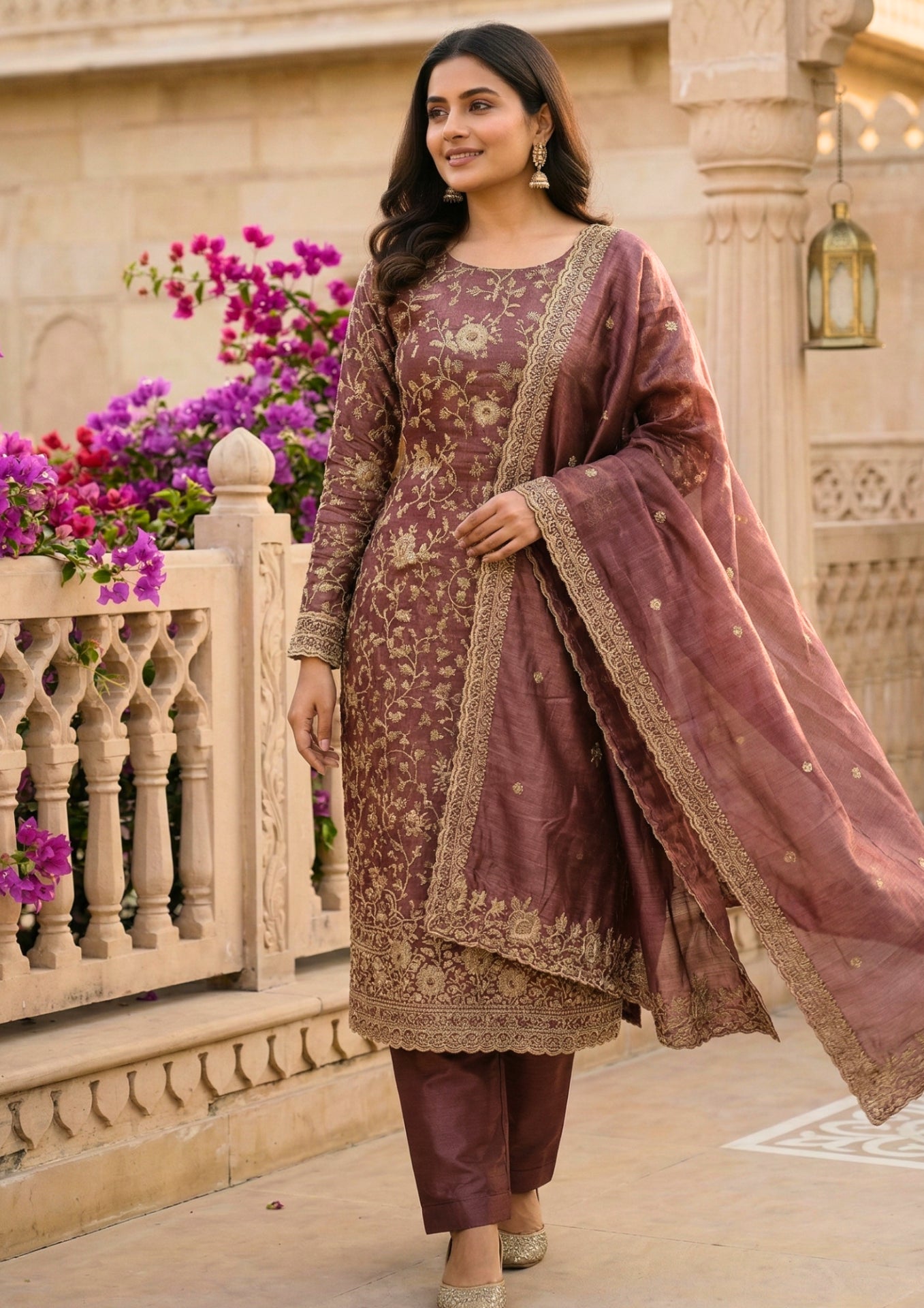 Unstitched Mauve Silk-Textured Fabric With Zari Suit Material