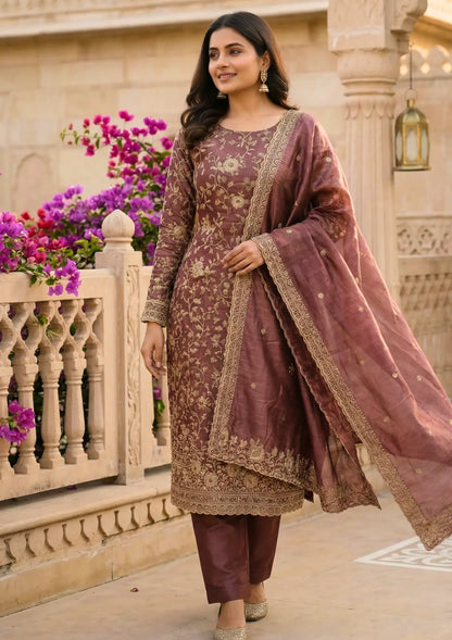 Unstitched Mauve Silk-Textured Fabric With Zari Suit Material