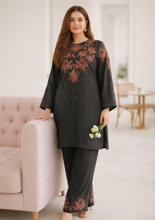 Black Cotton Blend Embroidered Short Kurta With Straight Pant