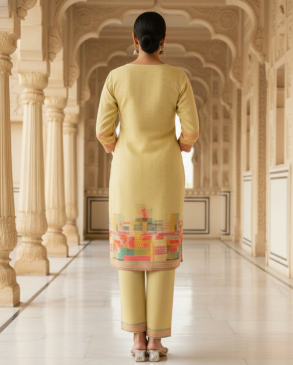 Yellow Digital Printed Cotton Kurta Pant Set