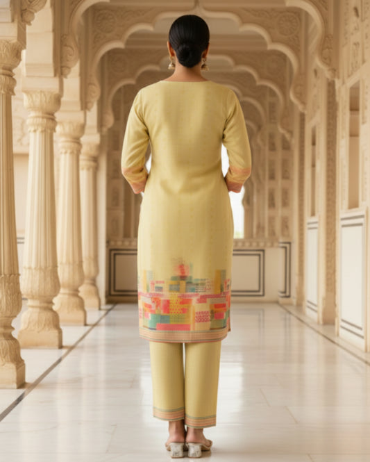 Yellow Digital Printed Cotton Kurta Pant Set