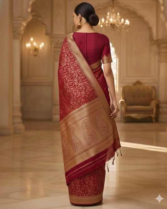 Dark Maroon With Intricate Zari Work Banarasi Silk Saree