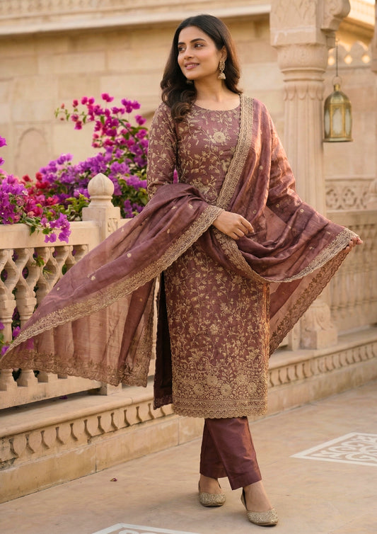 Unstitched Mauve Silk-Textured Fabric With Zari Suit Material