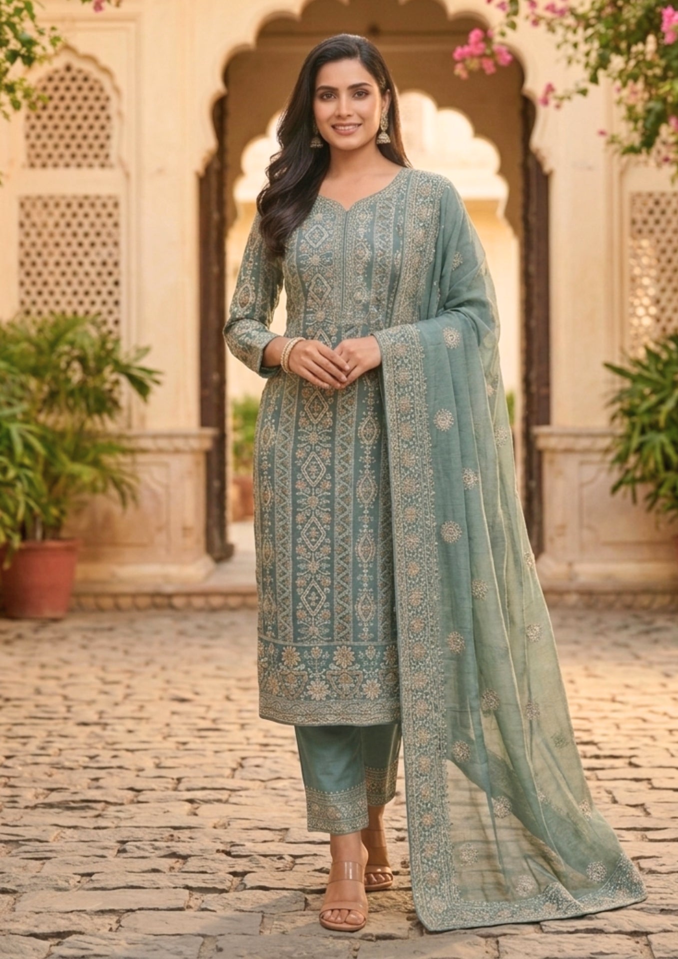 Unstitched Dusty Mustard Olive Green Viscose-Georgette Fabric Adorned With Delicate Ivory Thread Embroidered Suit Material