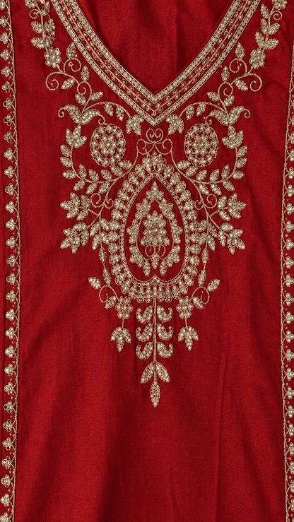 Rust Red Silk Blend Embroidered Kurta and Pant with Dupatta