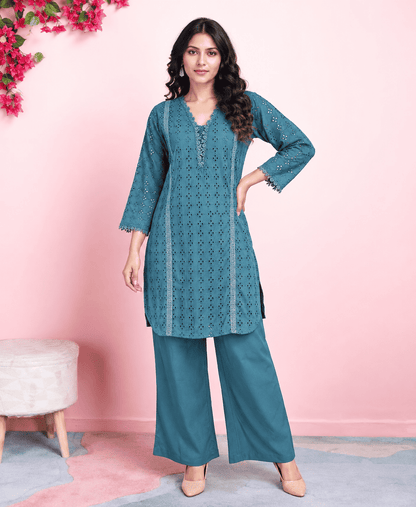 Teal Blue Schiffli Cotton Blend Kurta Pant Set