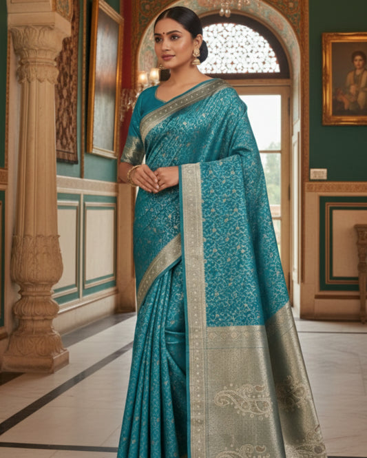 Lagoon Blue With Zari Floral And Paisley Motifs Banarasi Silk Saree
