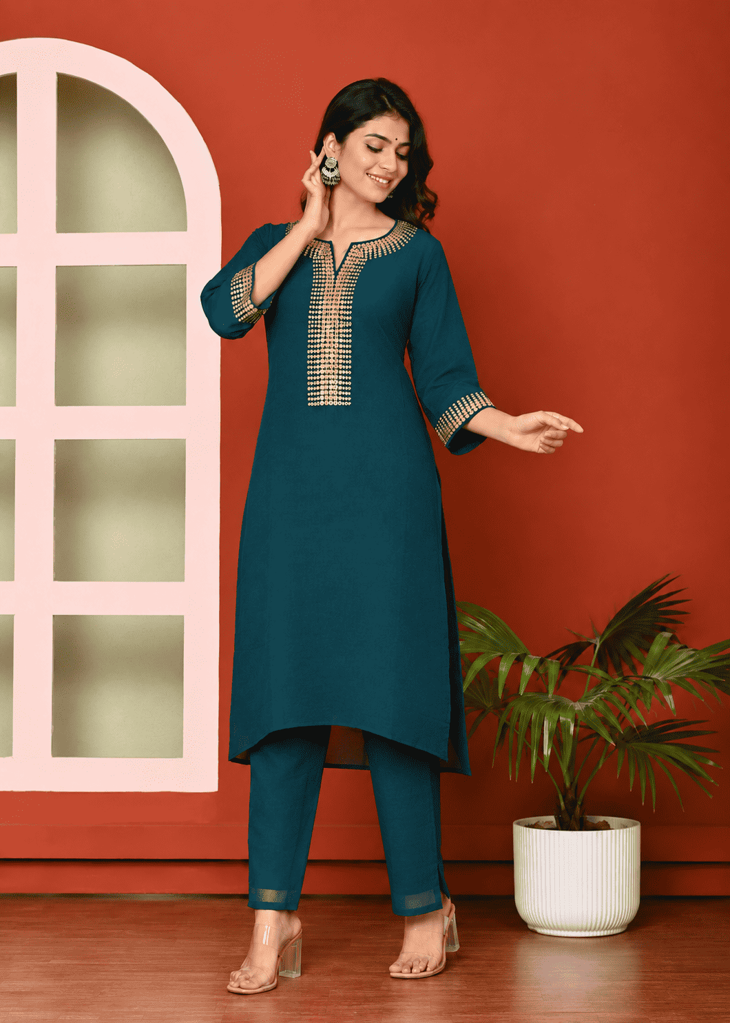 Dark Green Silk Blend Embroidered Kurta Pant Set