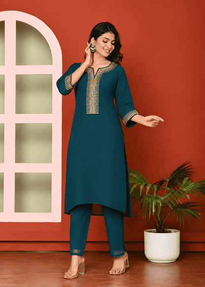 Dark Green Silk Blend Embroidered Kurta Pant Set
