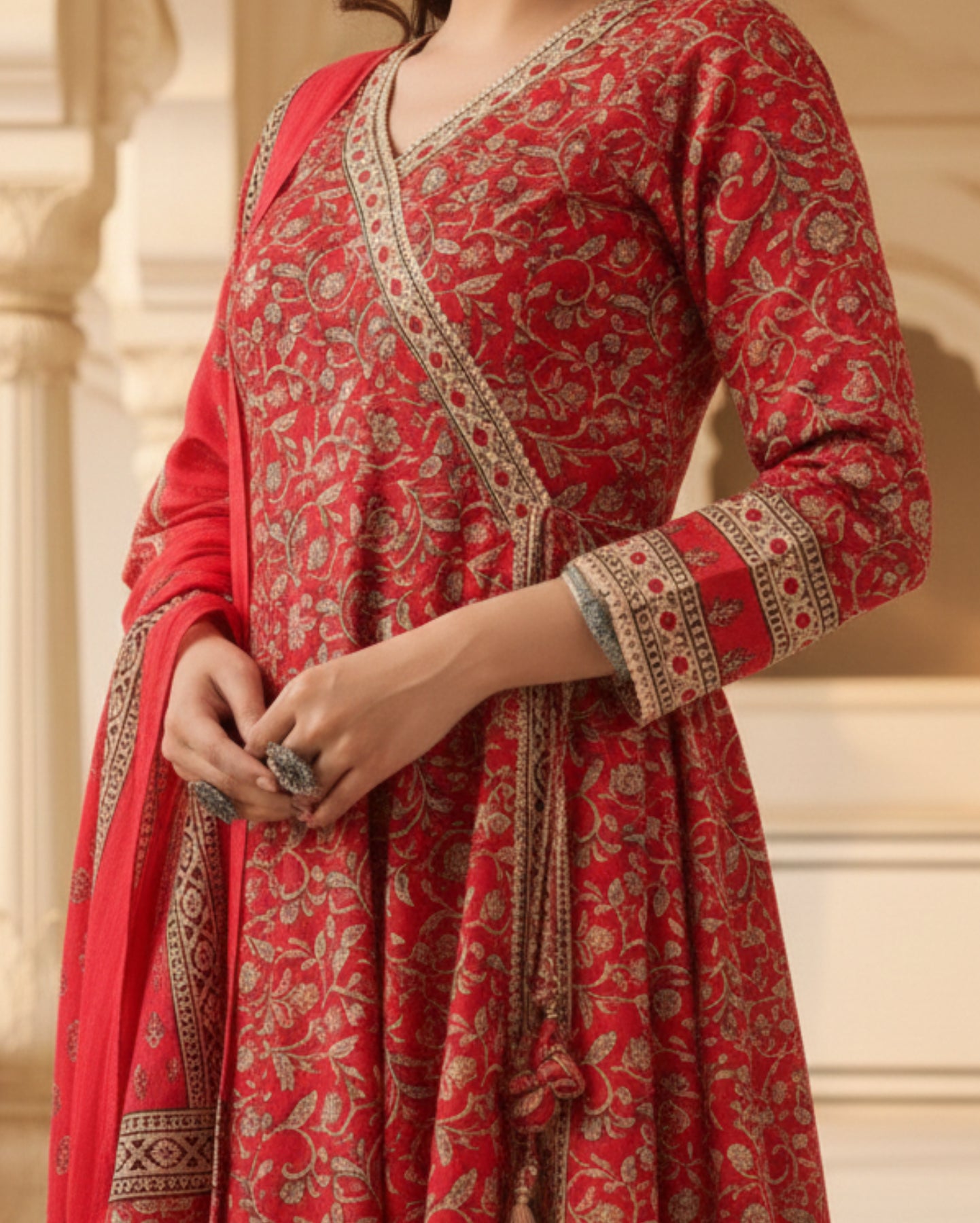 Vibrant Red Cotton Floral Handblock Sangneri Angrakha-Style Kurta Set With Dupatta