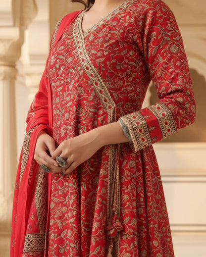 Vibrant Red Cotton Floral Handblock Sangneri Angrakha-Style Kurta Set With Dupatta