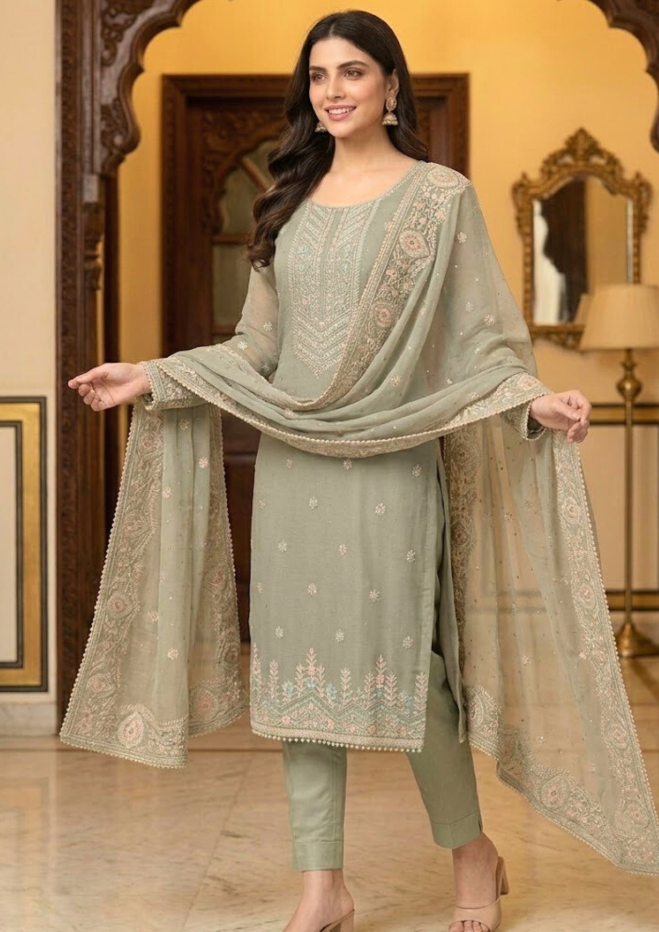 Muted Grey Semi-Stitched Organza With Floral Embroidery Suit Set With Dupatta