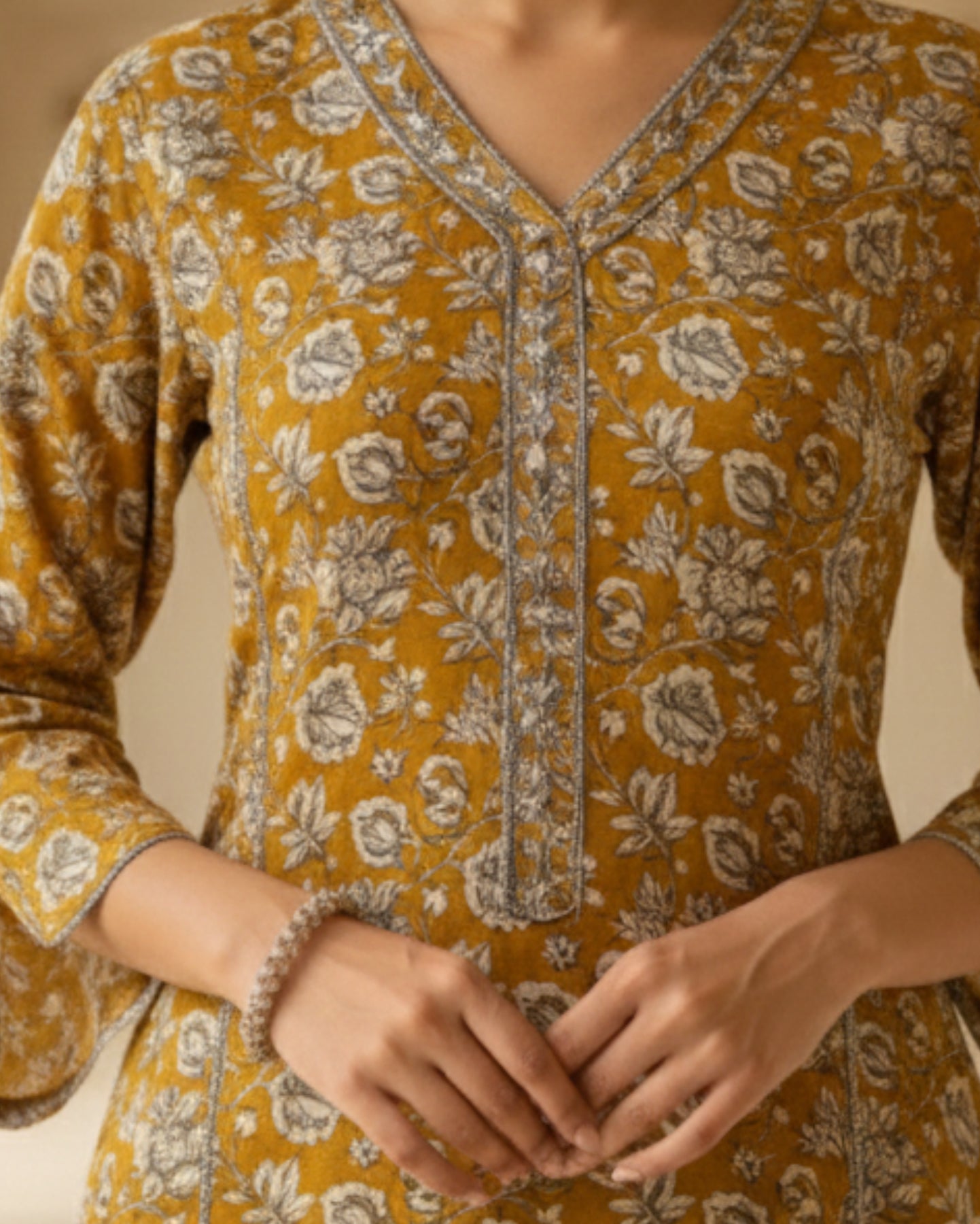 Mustard Cotton Floral Printed Kurta