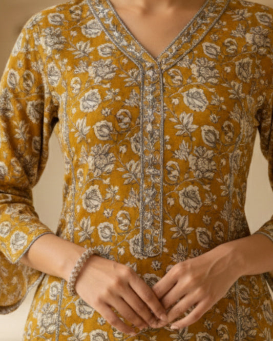 Mustard Cotton Floral Printed Kurta