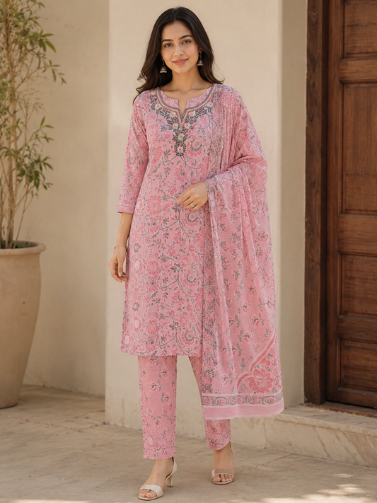 Pink Floral Printed Cotton Blend Kurta and Pant with Dupatta