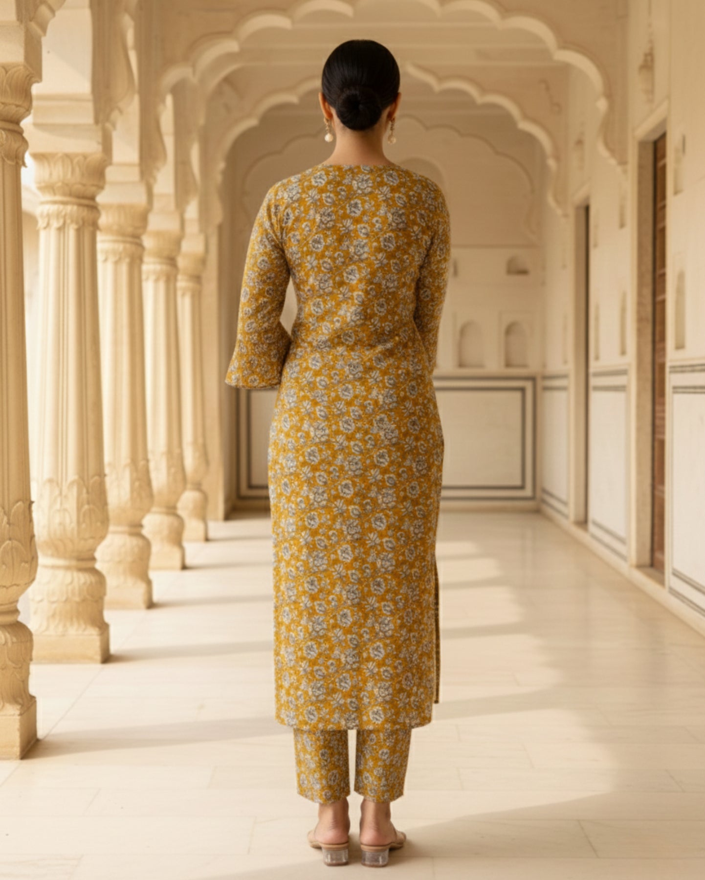 Mustard Cotton Floral Printed Kurta