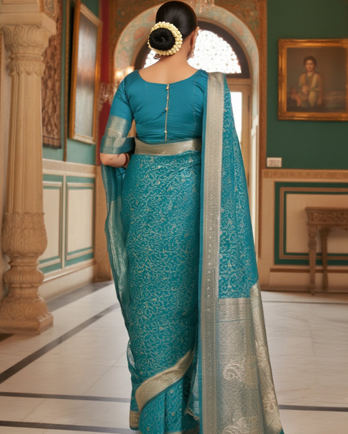 Lagoon Blue With Zari Floral And Paisley Motifs Banarasi Silk Saree