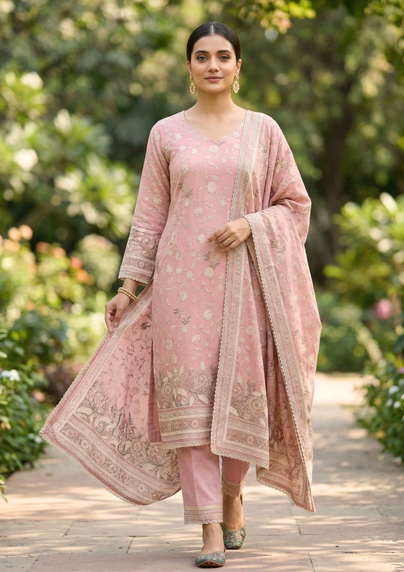 Unstitched Antique Rose Pink Fine Muslin-Cotton Blend With Sequin Accents And Textured Embroidered Suit Material