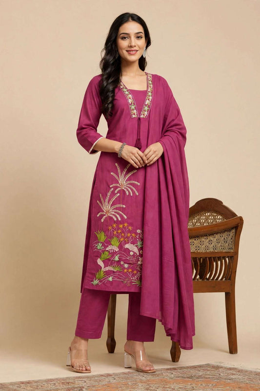 Pink Embroidered Cotton Kurta and pant with dupatta