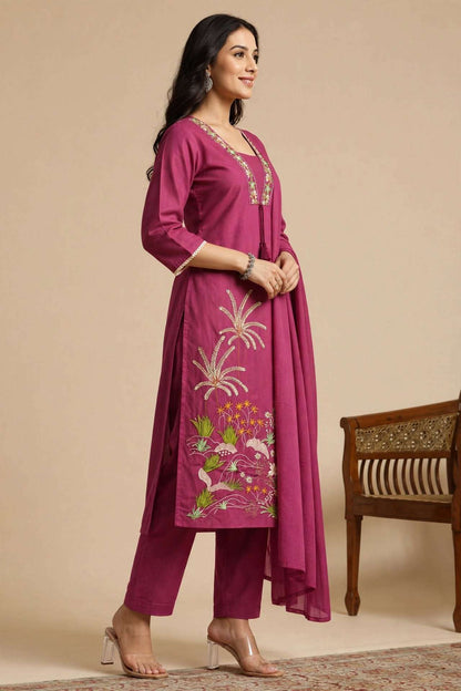 Pink Embroidered Cotton Kurta and pant with dupatta