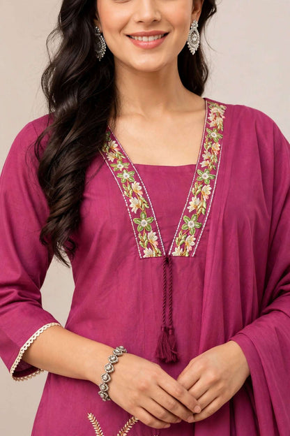Pink Embroidered Cotton Kurta and pant with dupatta