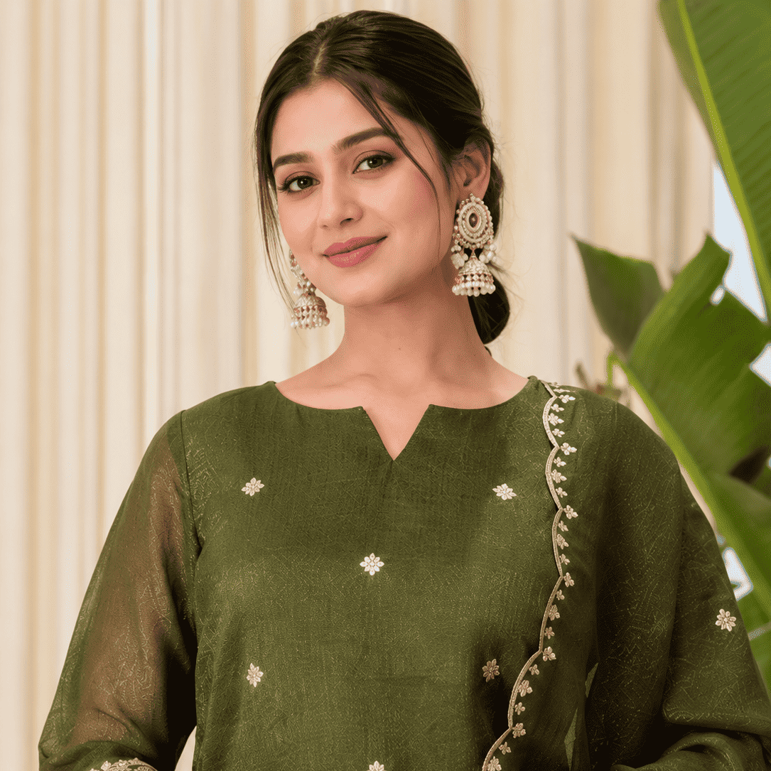 Mehendi Green Rangoli Crush Embroidered Kurta and Wide Palazzo with Dupatta