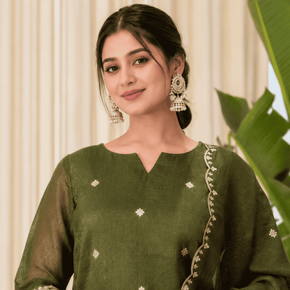 Mehendi Green Rangoli Crush Embroidered Kurta and Wide Palazzo with Dupatta