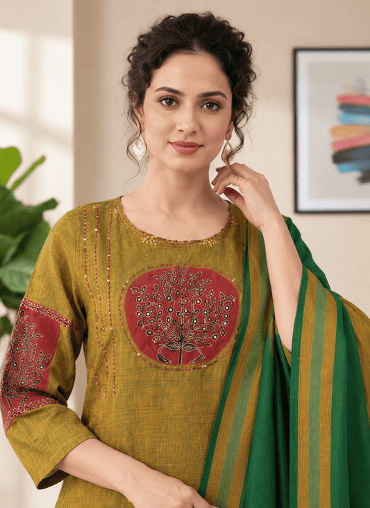 Green and Maroon Embroidered kurta and pant with dupatta