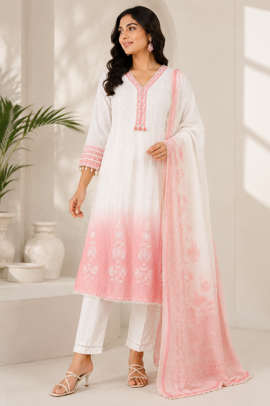 Ivory & Blush Pink Mul Chanderi Ombre Shaded Kurta and Pant with Dupatta