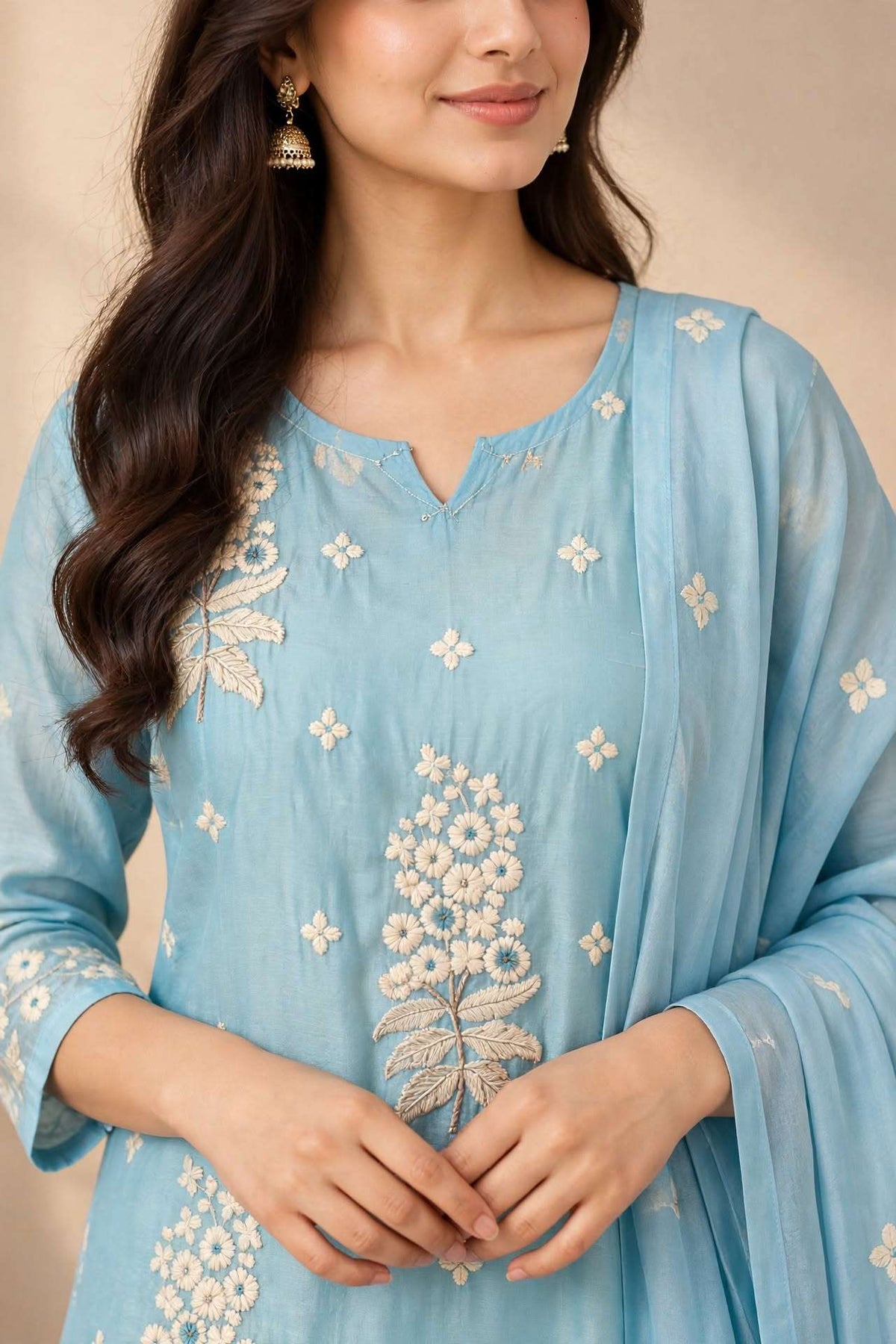 Sky Blue Floral Embroidered Mul Chanderi Kurta and pant with Dupatta