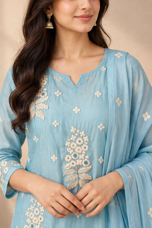 Sky Blue Floral Embroidered Mul Chanderi Kurta and pant with Dupatta