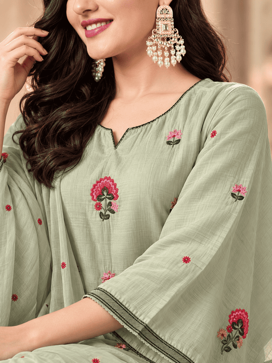 Mint Green Embroidered Mul Chanderi Kurta and pant with Dupatta
