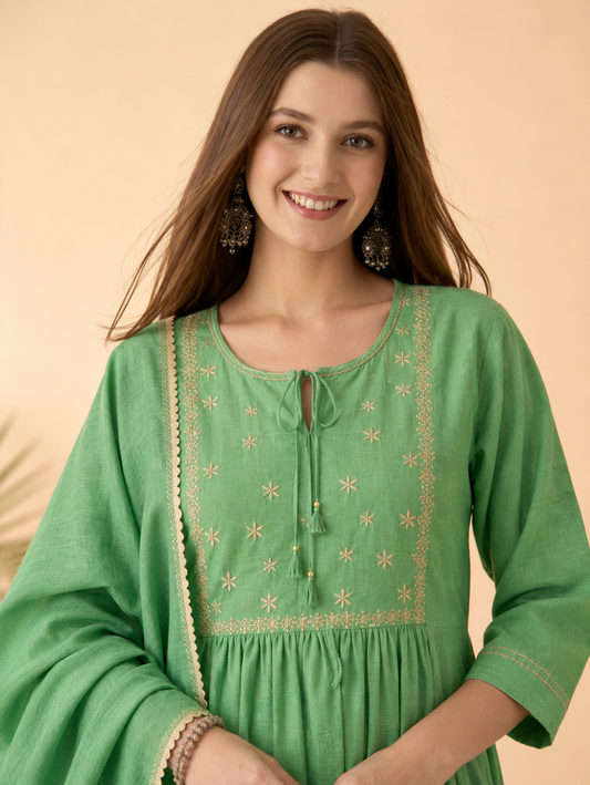 Kota doria green kurta pant set with dupatta