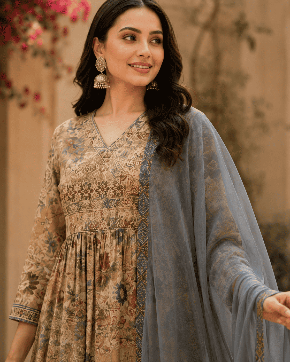 Olive Beige Cotton Blend Floral Kurta Set With Grey Dupatta